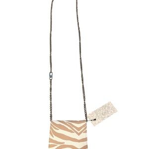 Chico’s Graphic Zebra Wallet Crossbody White & Tan Leather Print Gold Chain NWT